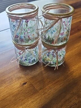 Glass Jars Decopaged w/Floral Print w/Gold Rim & Raffia. Filled W/ Stones. Qty 4
